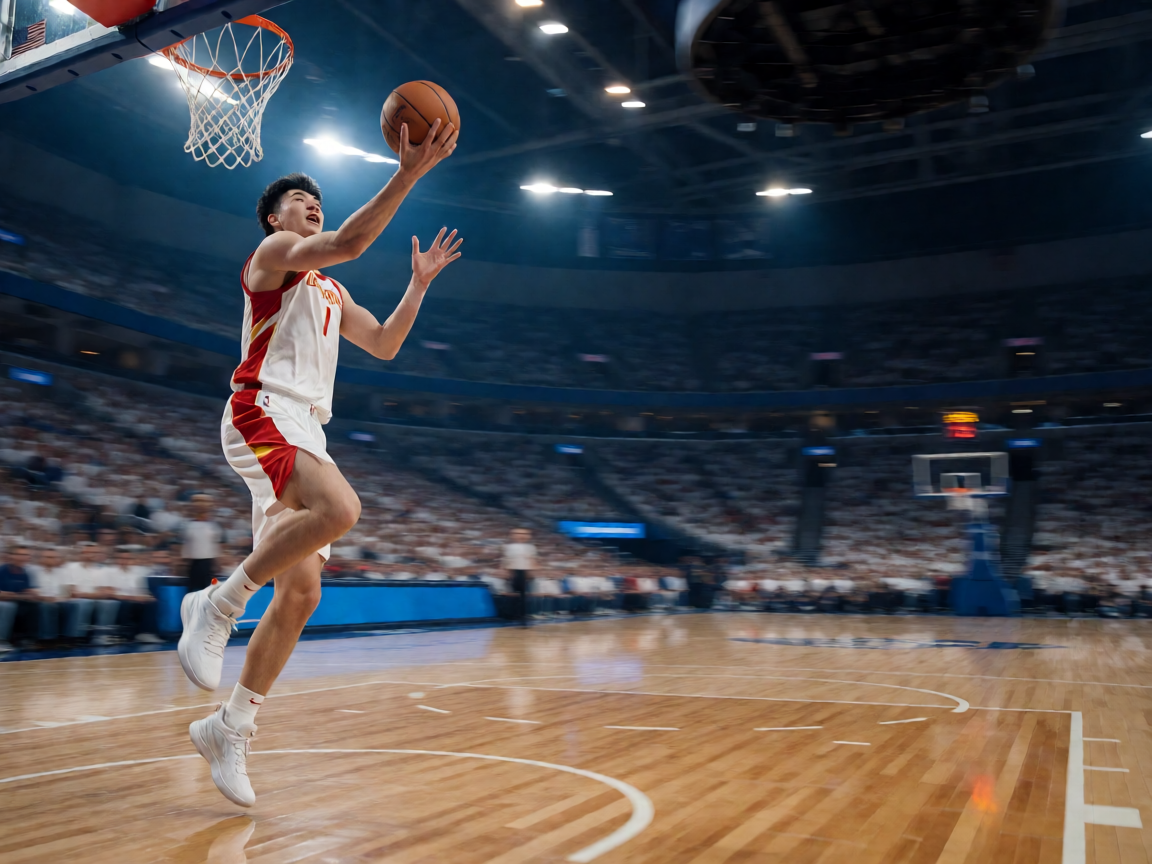 NBA季后赛激战场景，球员突破上篮精彩画面